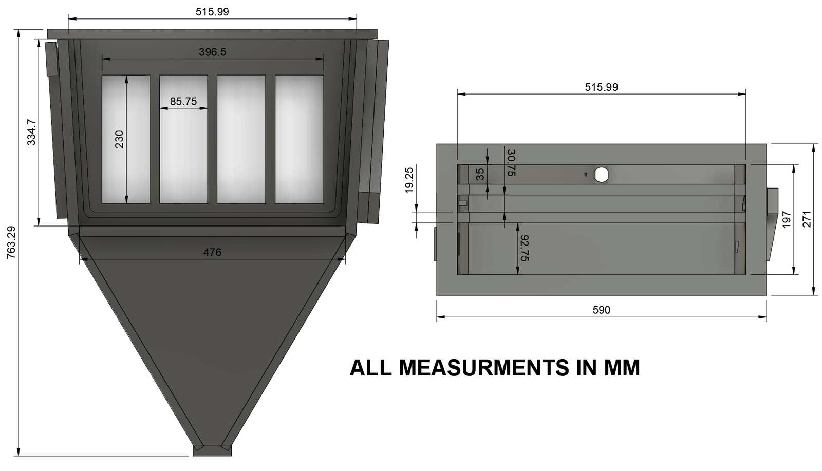 Electrochemical cell dimensions technical diagram