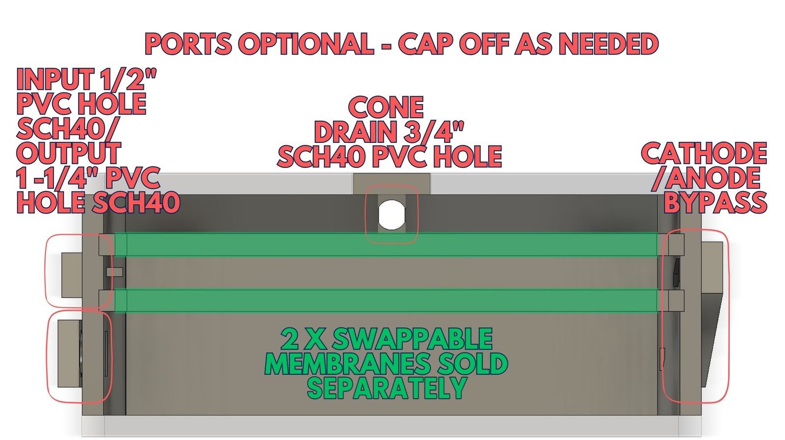 V1 electrolysis cell kit CAD view with annotations, parts sold separately