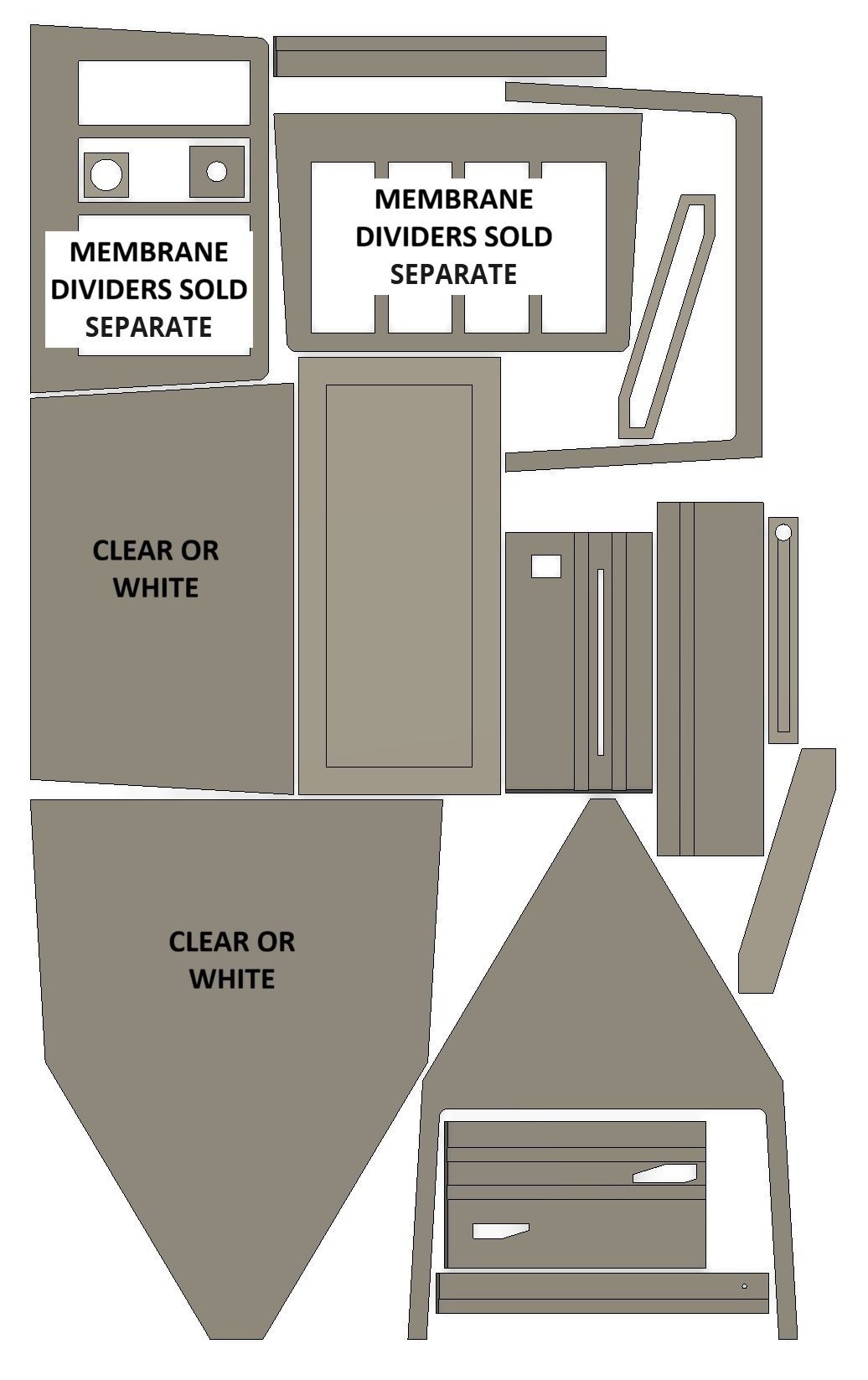 V1 electrolysis cell kit, annotated top view, dividers sold separately