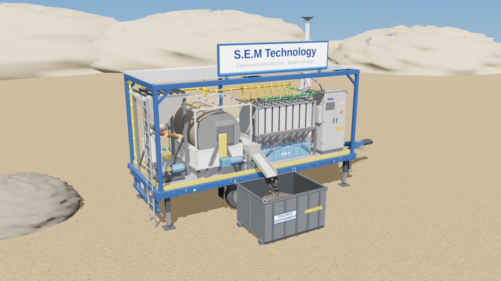 3D concept model of the S.E.M Technology Continuous Mining Unit on a trailer: rear hopper, drum filter, cell stack, control cabinet and scrubber under a canopy, with tailings dropping into a containment bin
