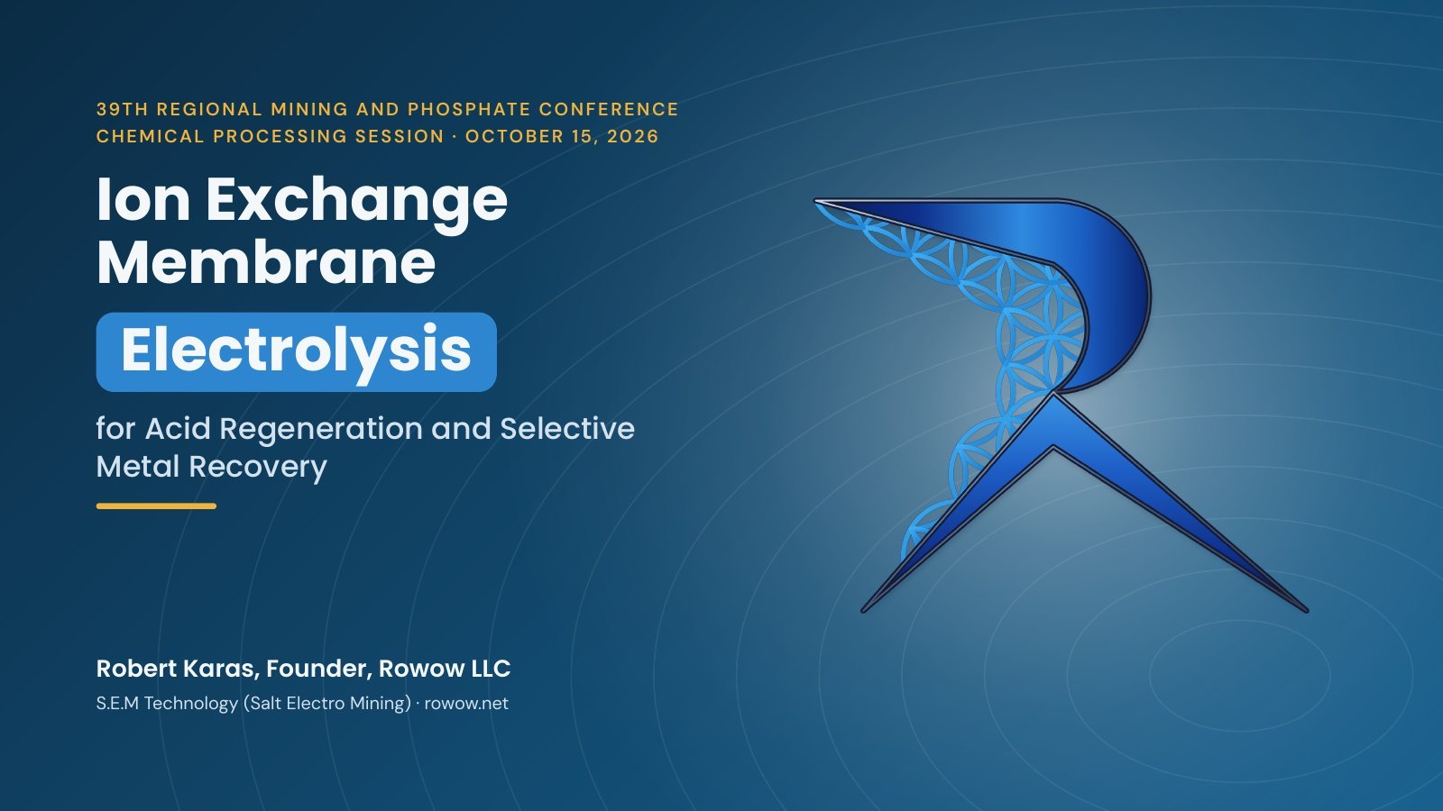 Slide 1 of 19. Title slide: Ion Exchange Membrane Electrolysis for Acid Regeneration and Selective Metal Recovery