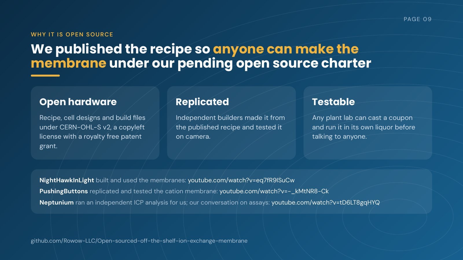 Slide 9 of 19. We published the recipe so anyone can make the membrane under our pending open source charter