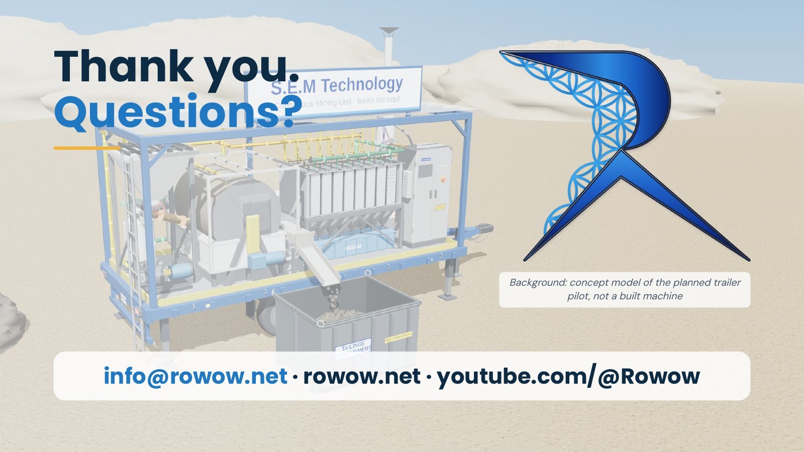 Slide 19 of 19. Thank you. Questions? Shown over a faded concept model of the trailer pilot plant